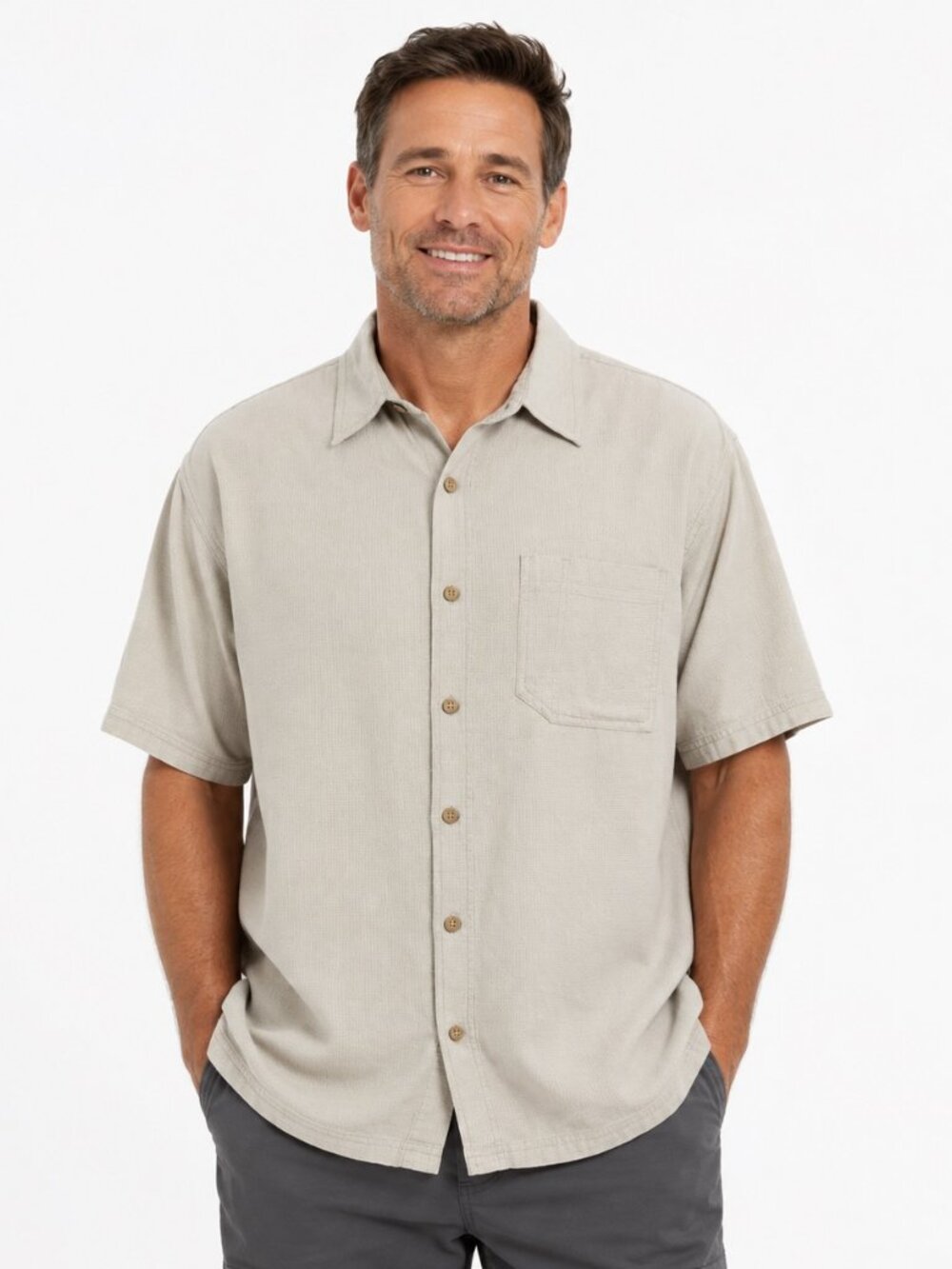 Royal Robbins Men's XL Short Sleeve Button Up Shirt Beige 100% Cotton